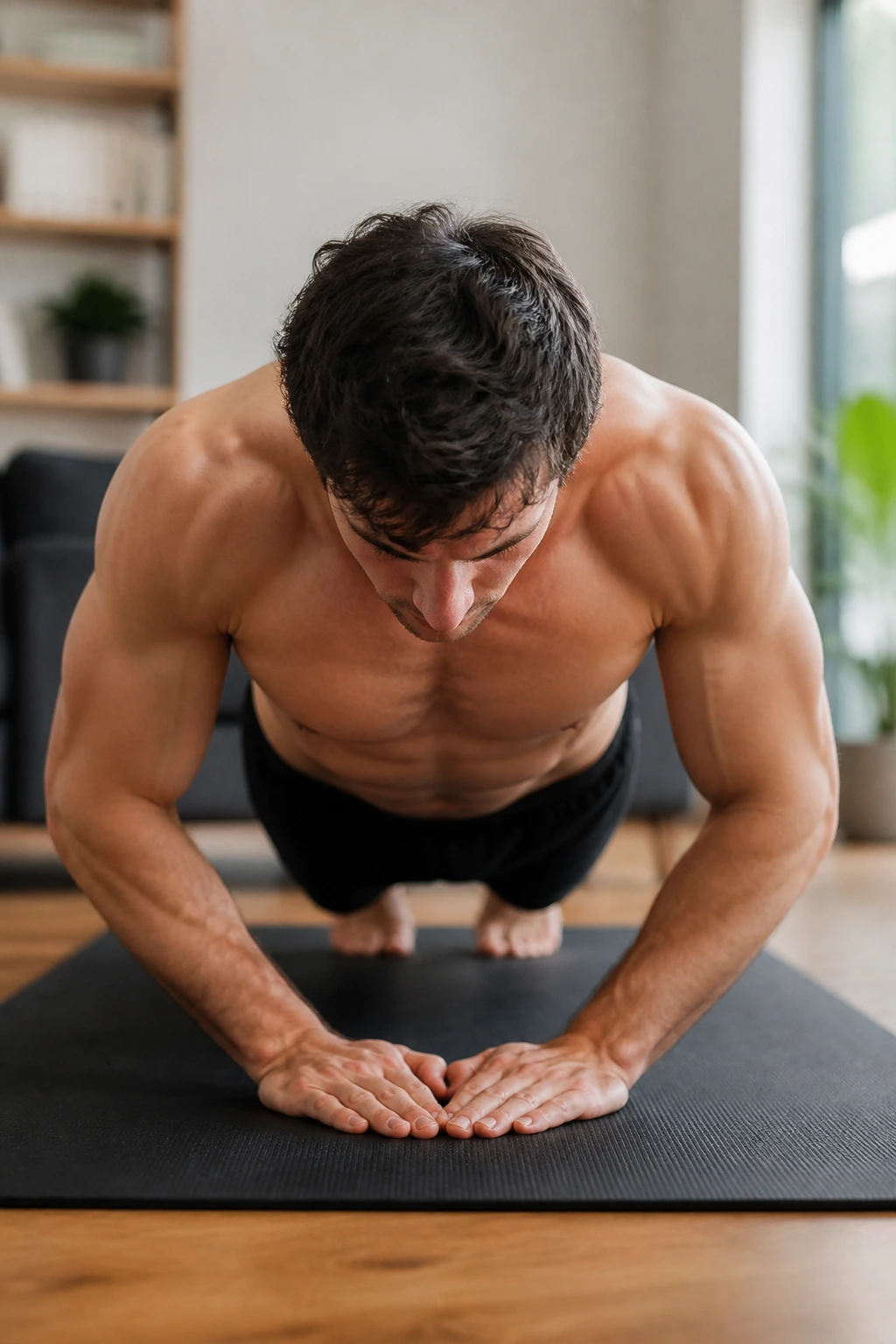 Upper body doing diamond push-ups on a mat at home