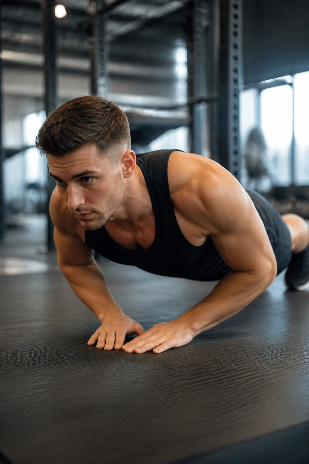 Real person performing a diamond push-up on a gym mat