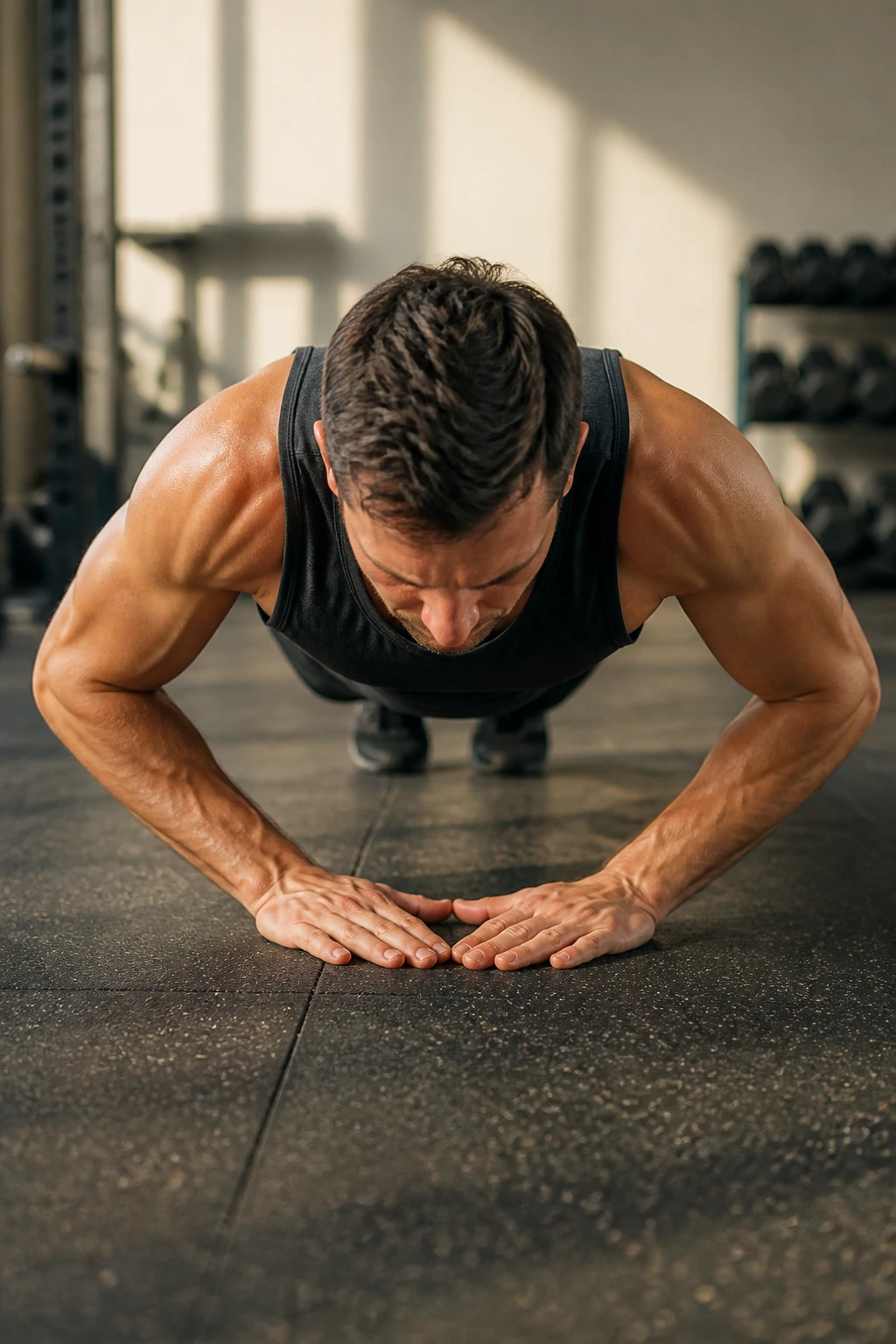 Person performing a diamond push-up with hands forming a diamond beneath the chest.