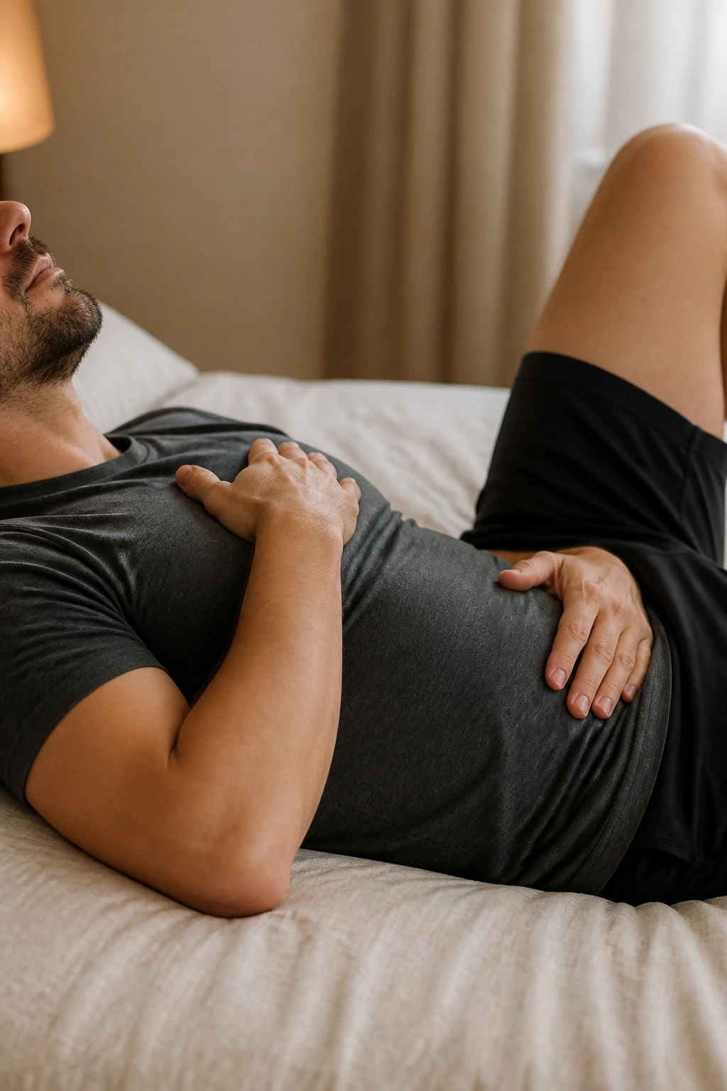 Person practicing diaphragmatic breathing with hand on belly rising