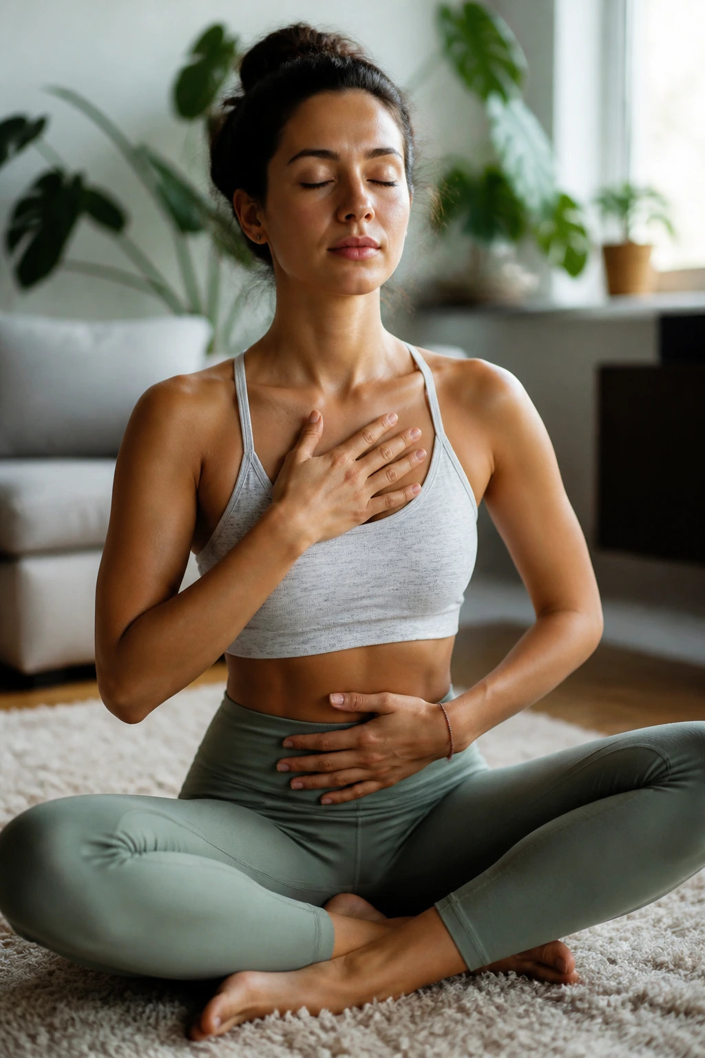 Person practicing diaphragmatic breathing in a calm living room