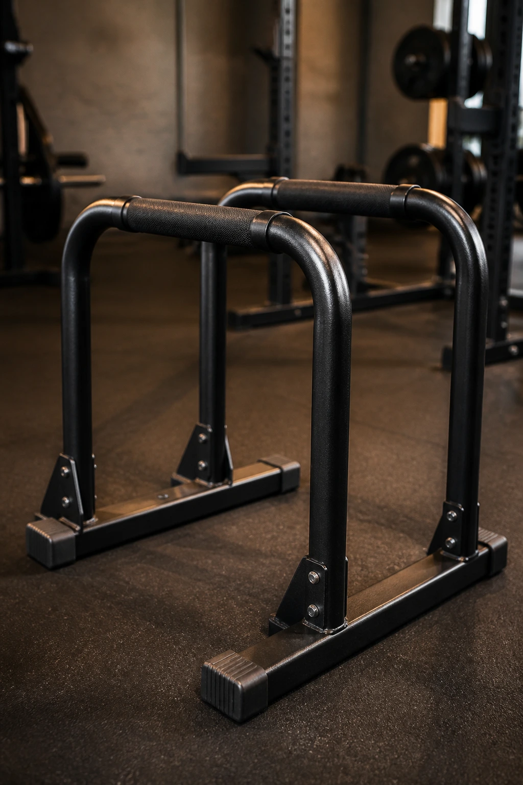 Close-up of dip bars with parallel handles in a gym