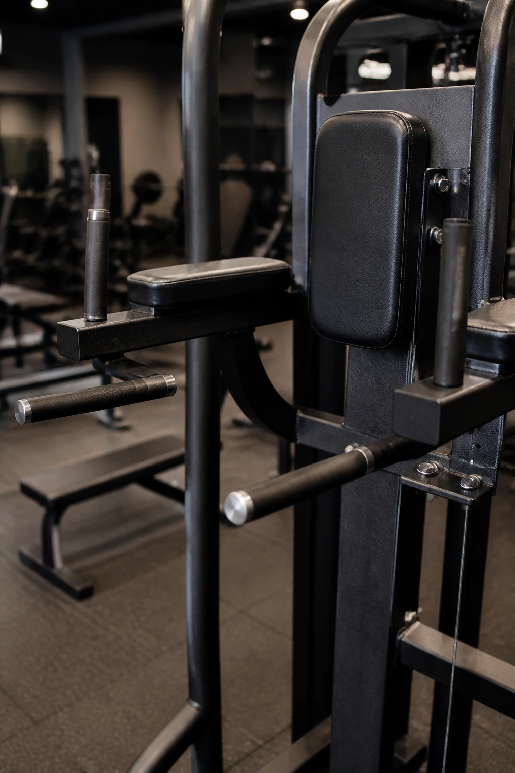 Close-up of Dip Machine handles and rails in a gym setting