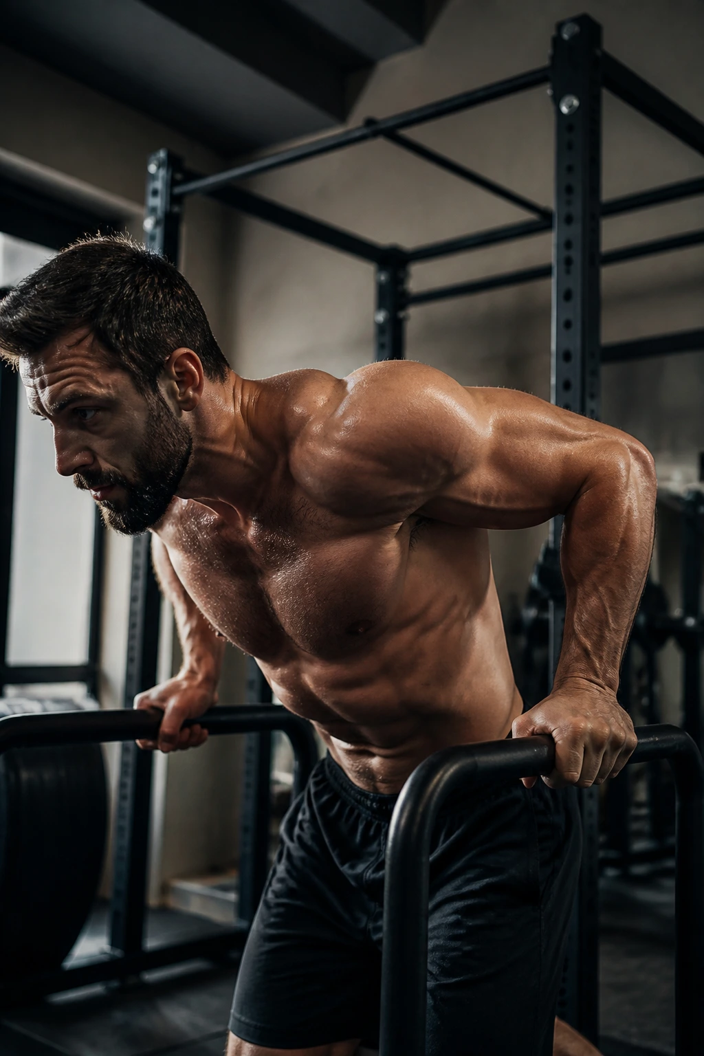 Lifter performing dips with chin-up bar visible in gym background