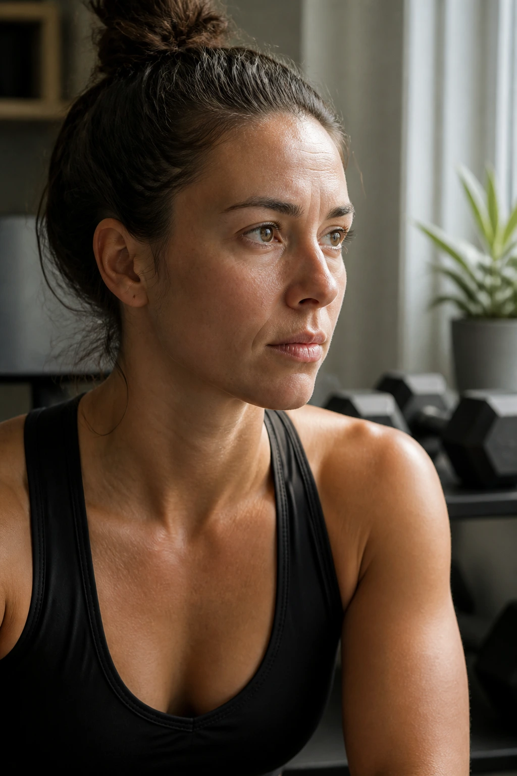 Close-up portrait of a focused person in a calm workspace embodying discipline