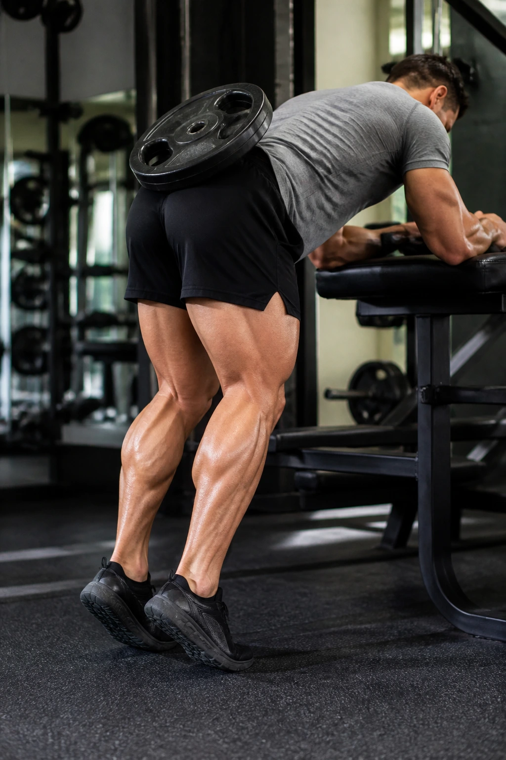 Donkey calf raise in gym with bench support