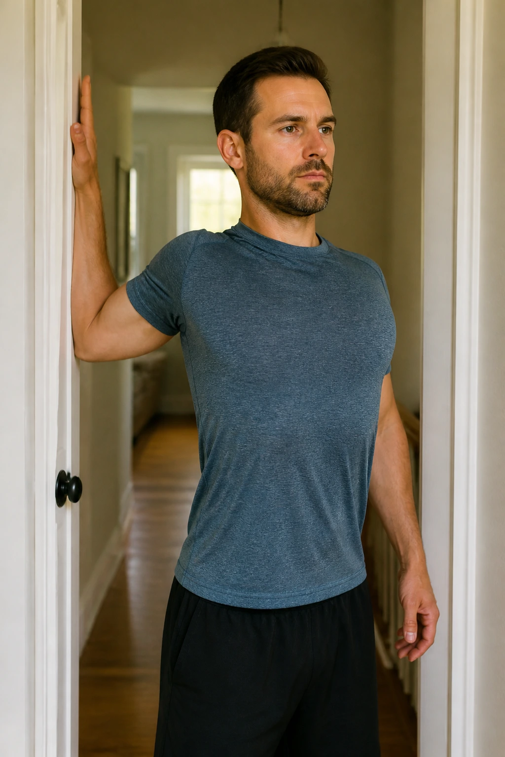 Mid-shot of doorway chest stretch opening the chest against a door frame.