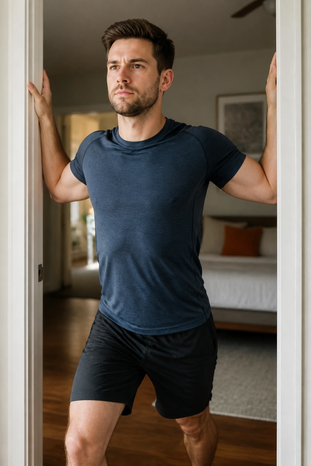 Close-up of a person performing a doorway chest stretch in a home doorway