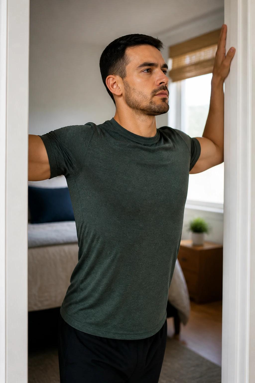 Upper body in doorway stretch with forearms on doorframe