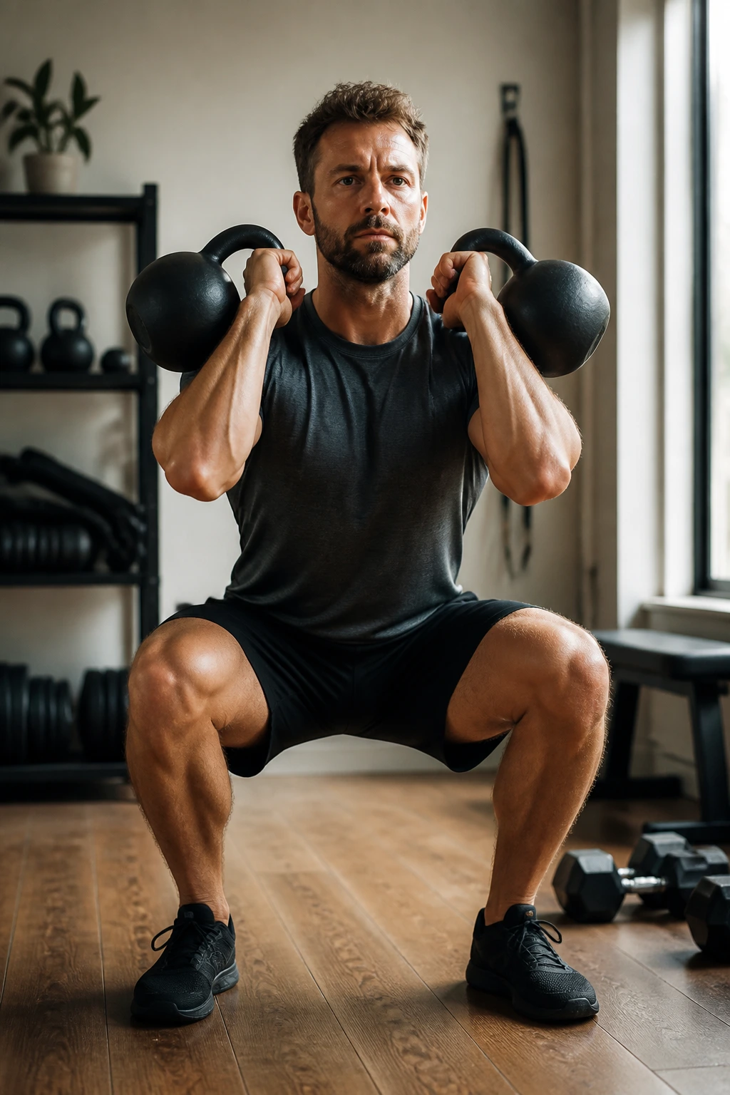 Real person lifting two kettlebells in a front-facing pose