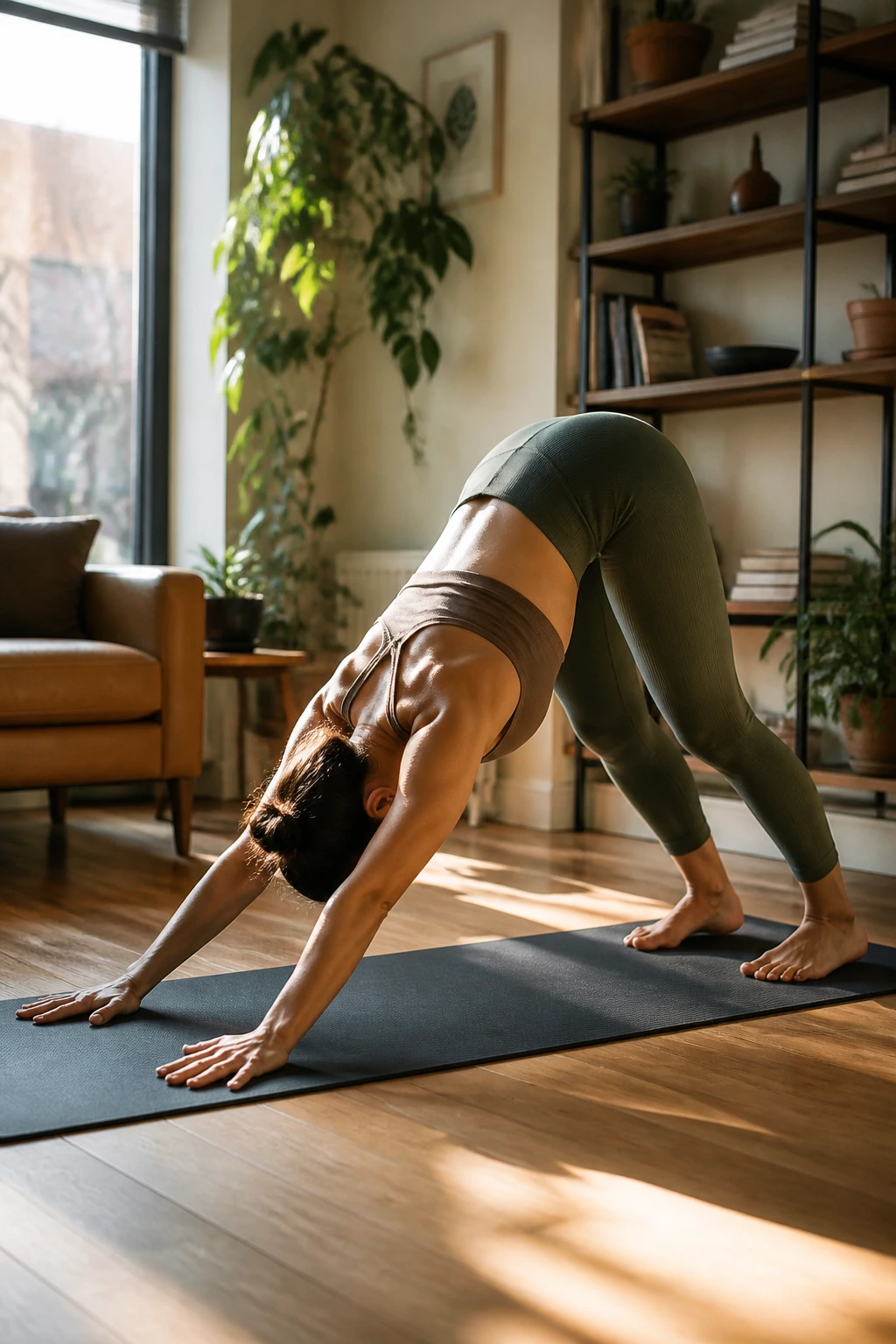 Person in Downward-Facing Dog pose on a mat in a cozy room