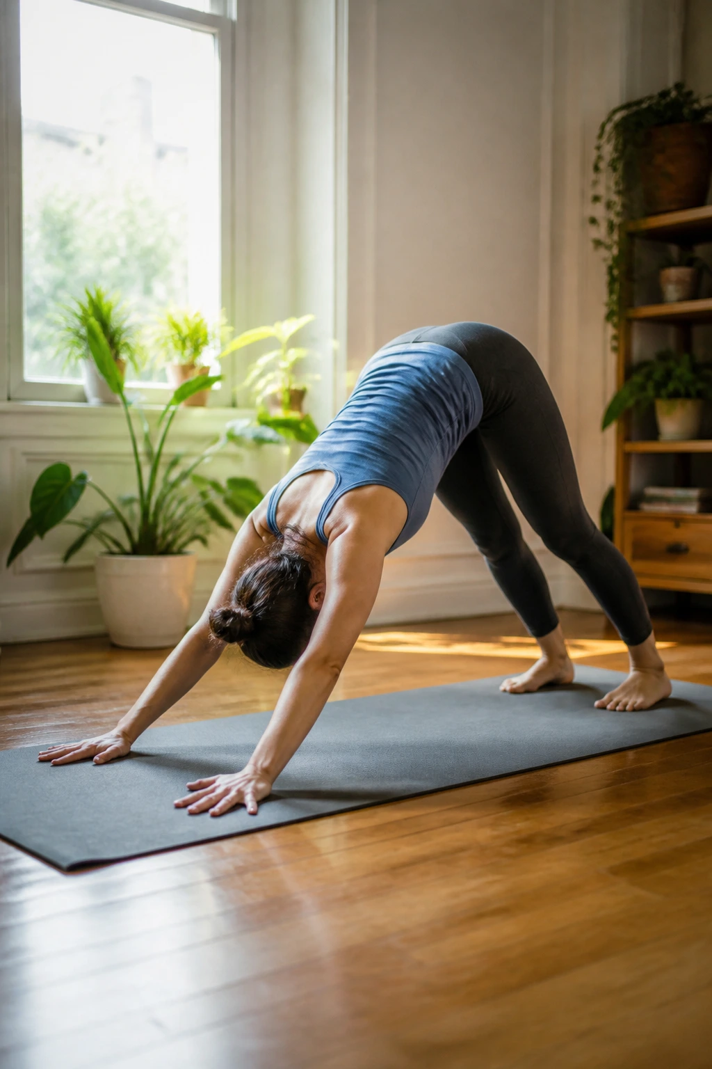 Real person in Downward-Facing Dog with bent knees and lifted hips in a sunlit home