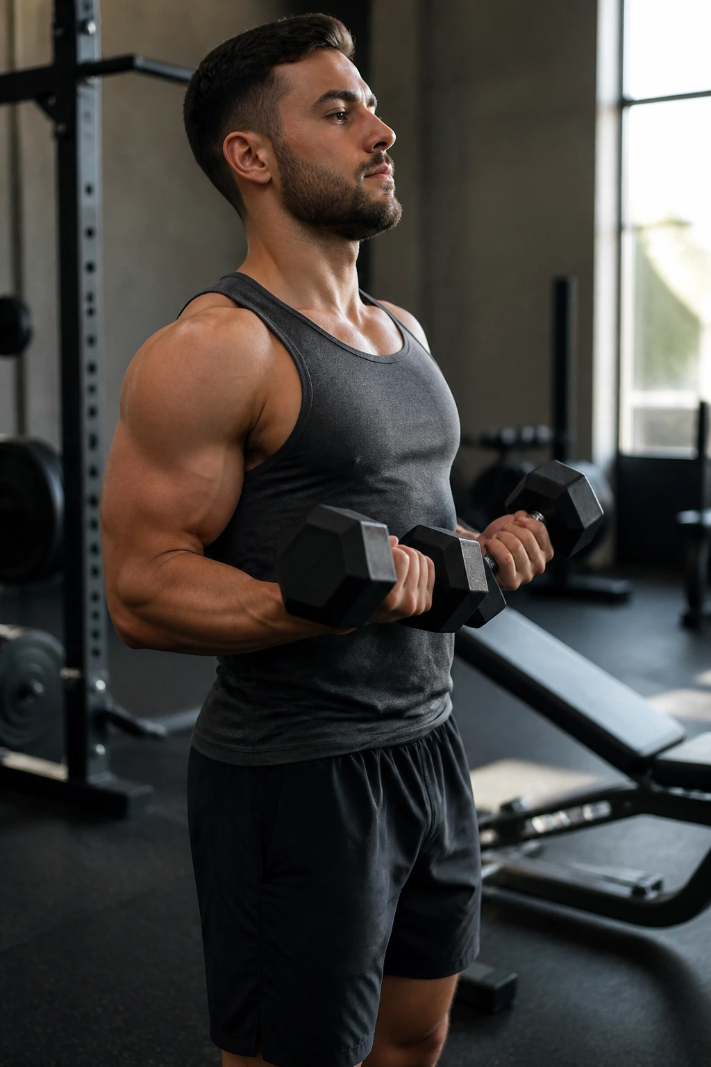 Medium close-up of a lifter performing a drag curl with elbows back and dumbbells brushing the torso.