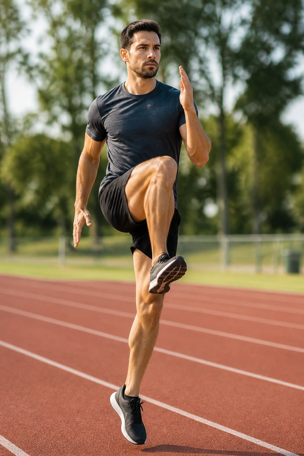 Runner performing high-knee drill on track highlighting leg lift and rhythm.