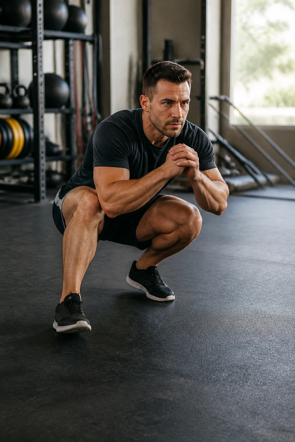 Person performing duck walks in a low squat during a workout