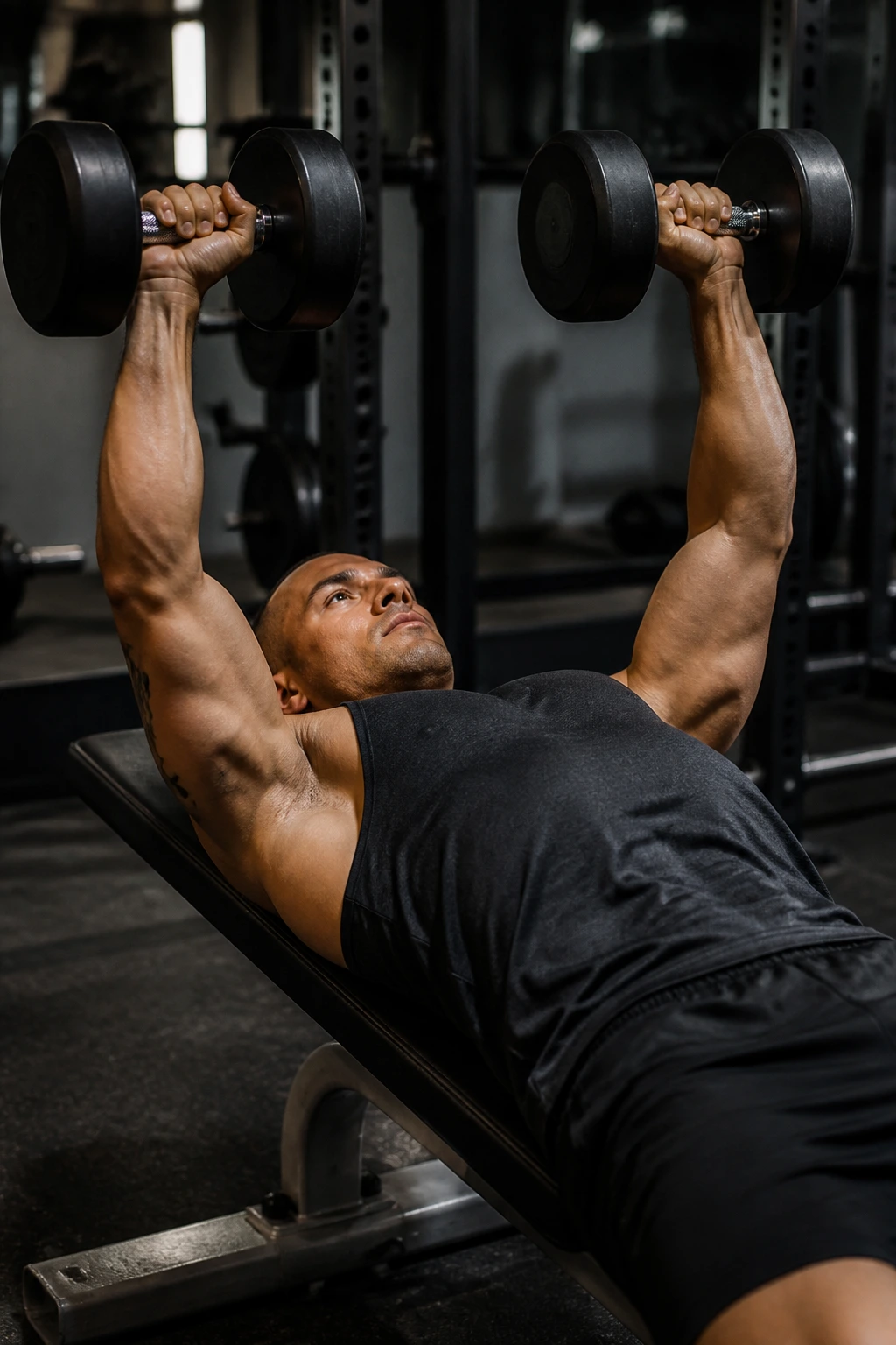 Dumbbell bench press close-up on bench