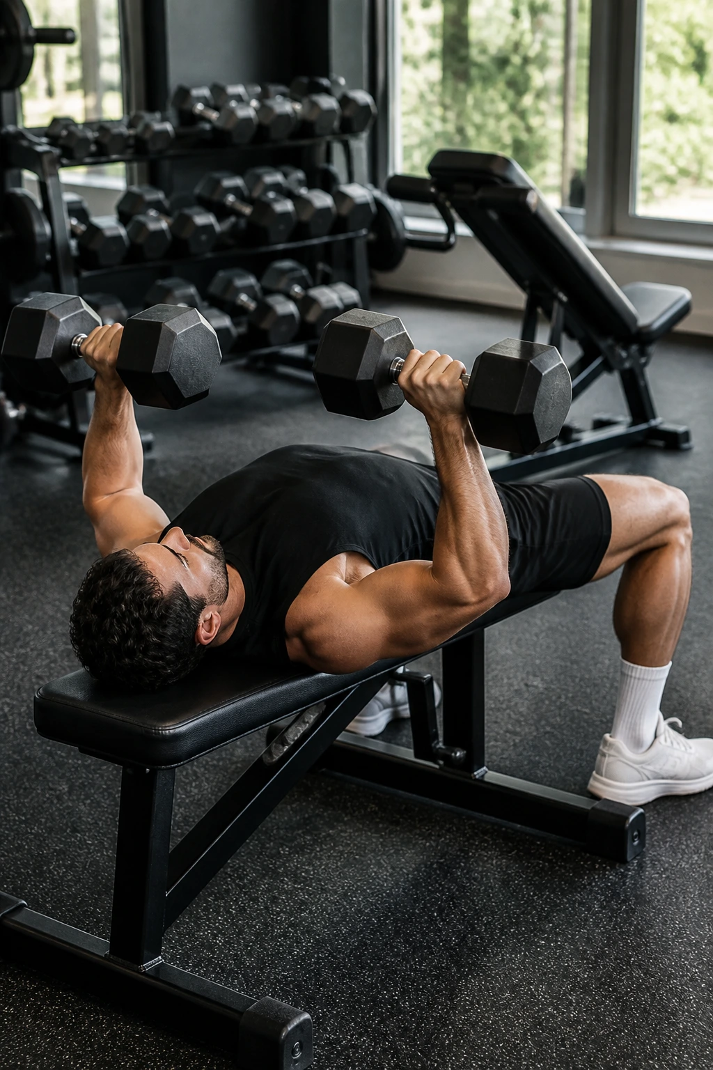 Close-up of lifter performing a dumbbell bench press in a gym with a chest-supported row bench visible in the background