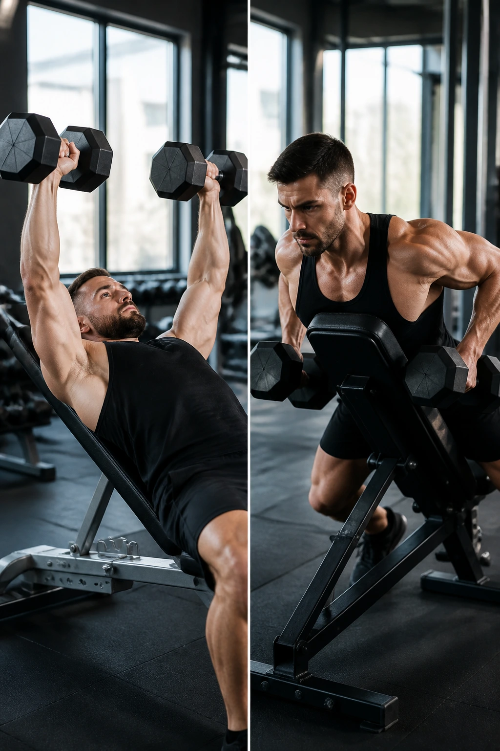 Split-screen of dumbbell bench press and chest-supported row performed by real athletes in a gym