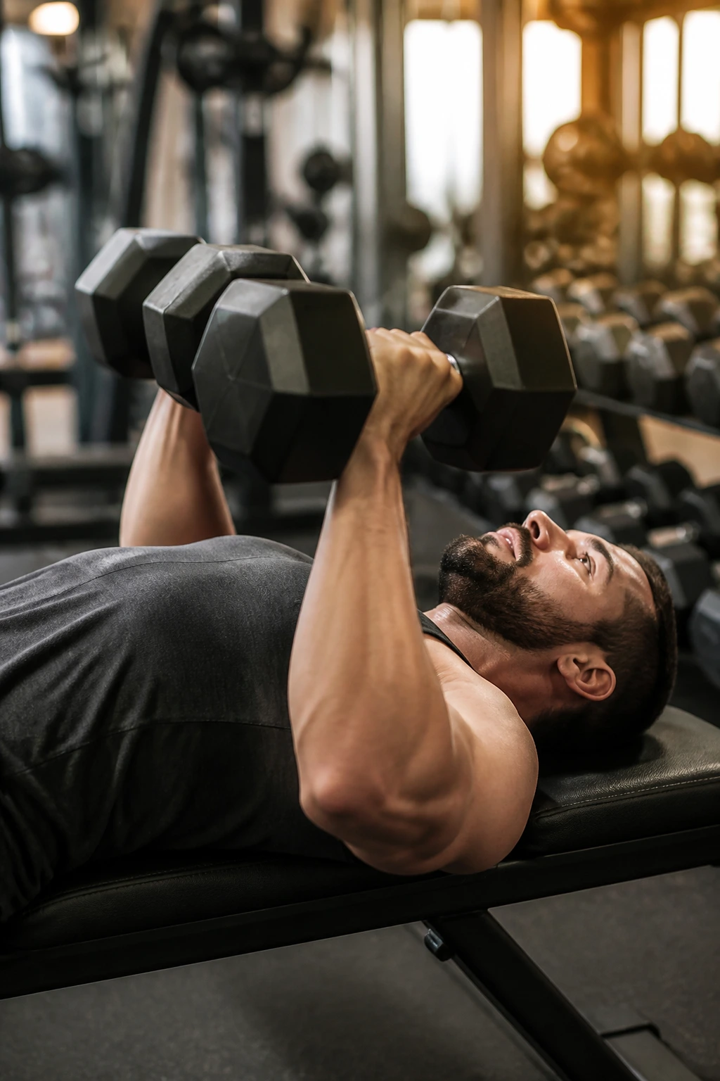 Close-up of a person performing a dumbbell bench press on a flat bench in a gym, chest and arms in focus