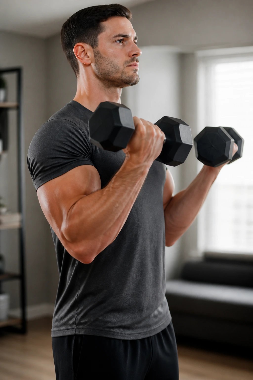 Real person performing dumbbell biceps curl with focus on arm muscles