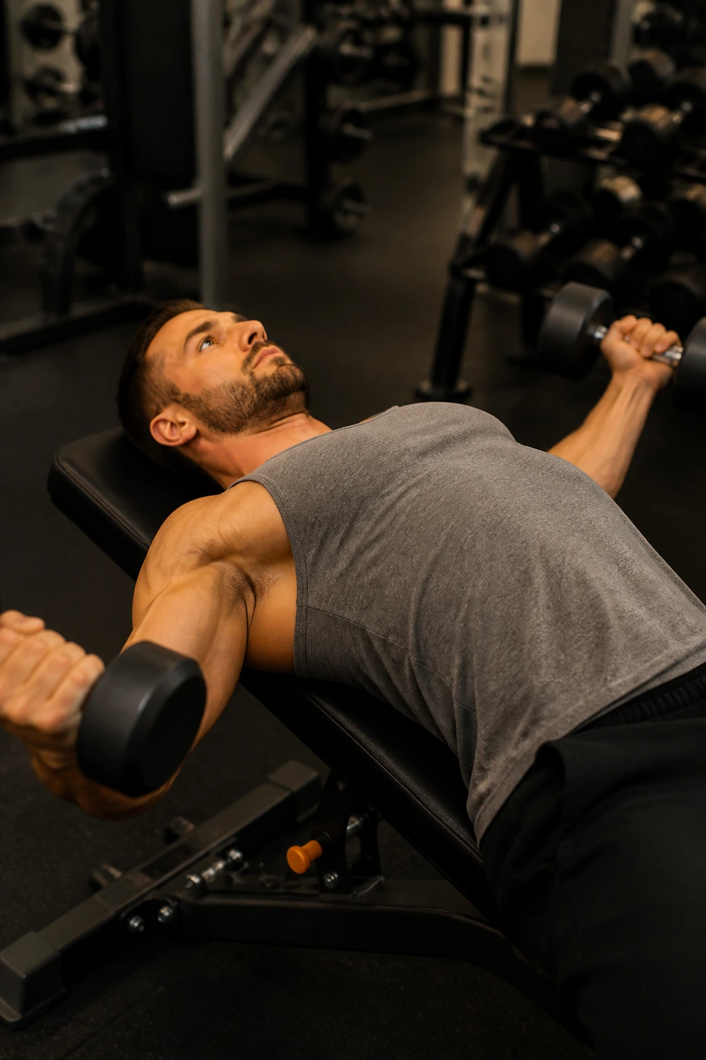 Close-up of a person performing a dumbbell chest fly on a bench