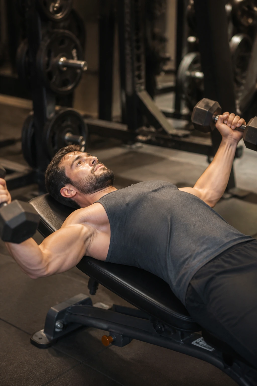 Close-up of a real person performing a dumbbell chest fly on a bench in a gym
