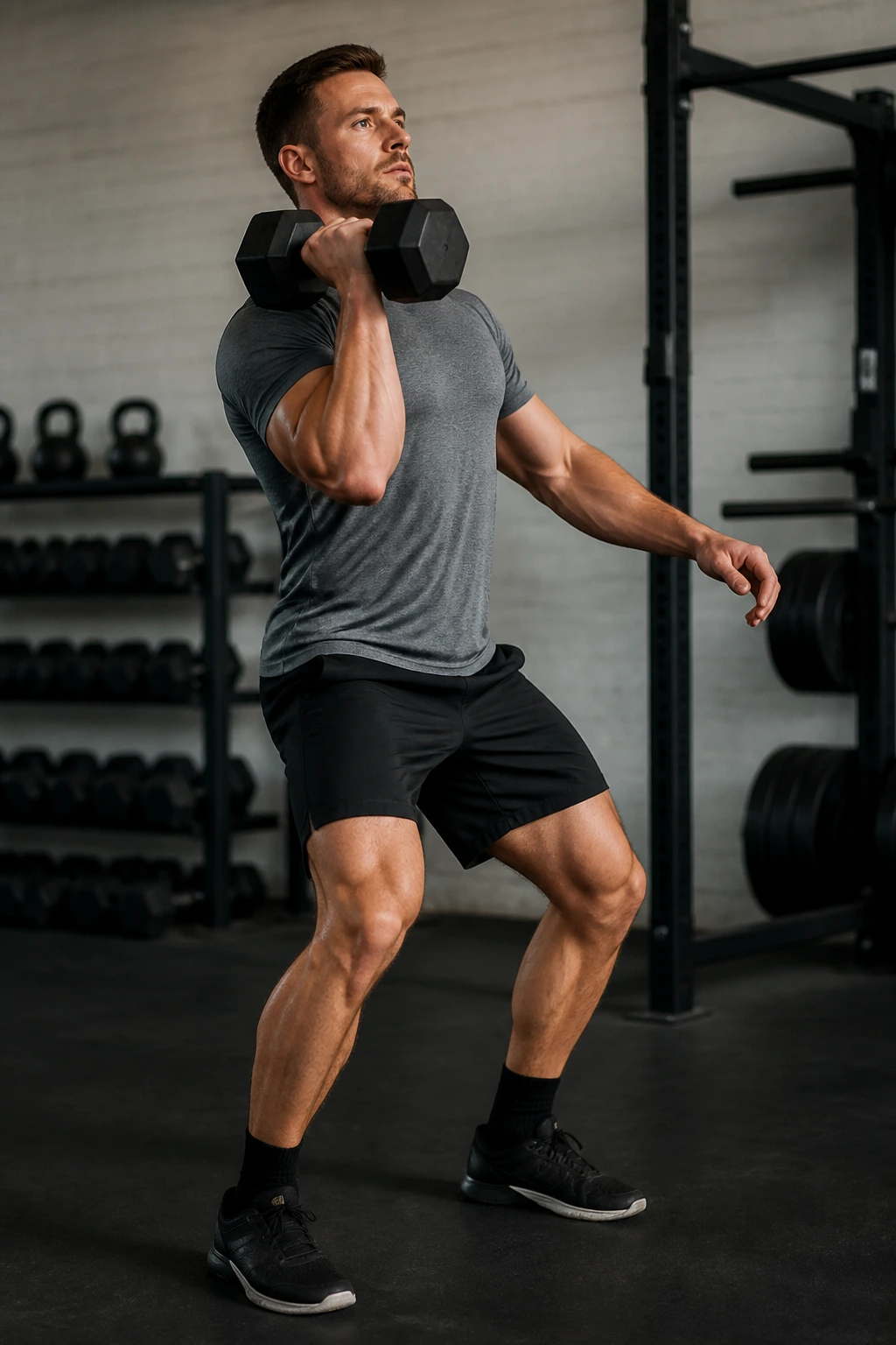 Front/three-quarter view of a real person performing a dumbbell clean in a gym