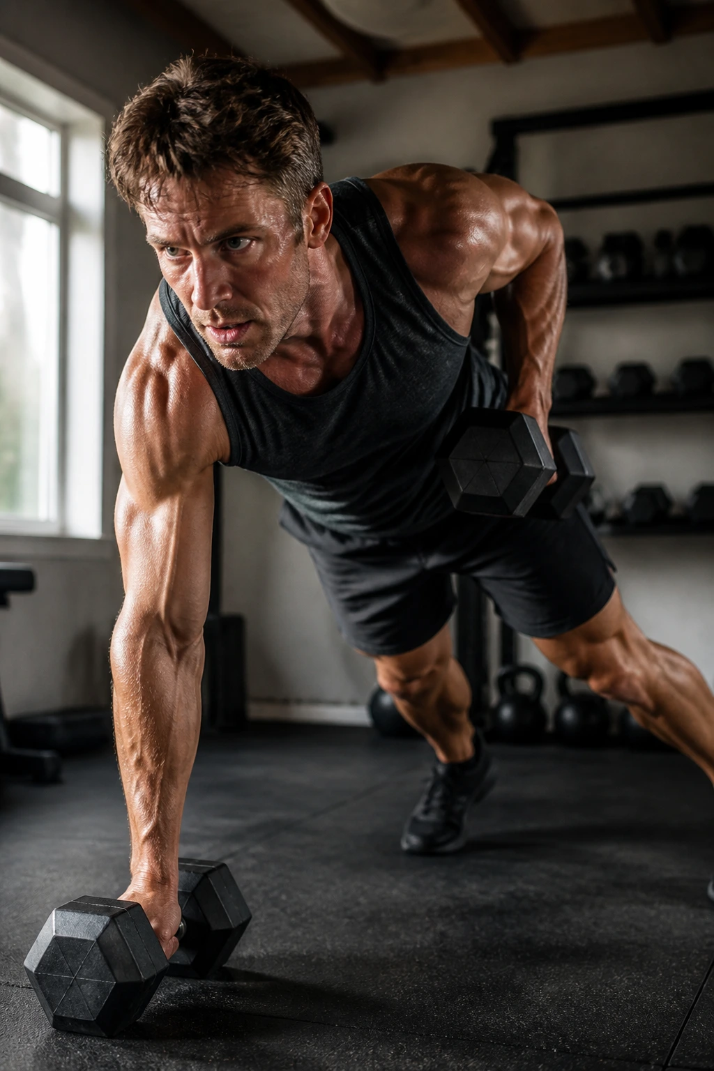 Person performing a chained dumbbell sequence in a compact home gym