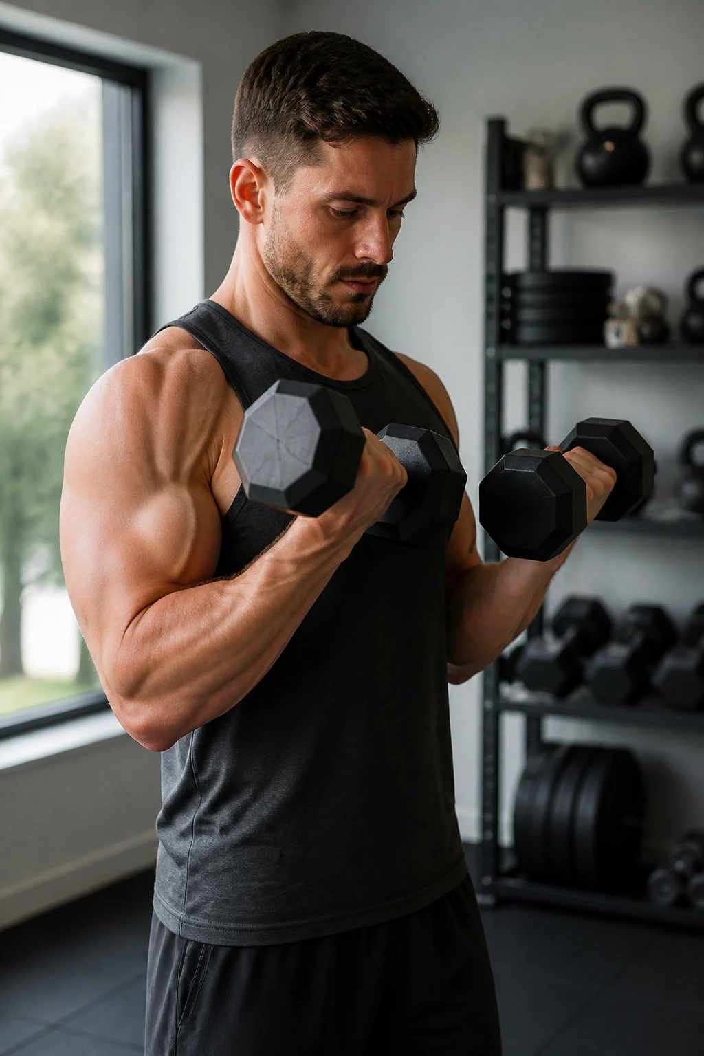 Real person performing dumbbell curls with elbows by the sides and slow lowering.