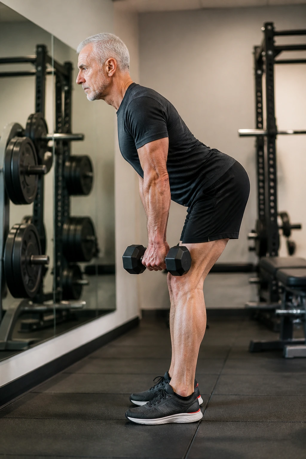 Senior performing dumbbell Romanian deadlift