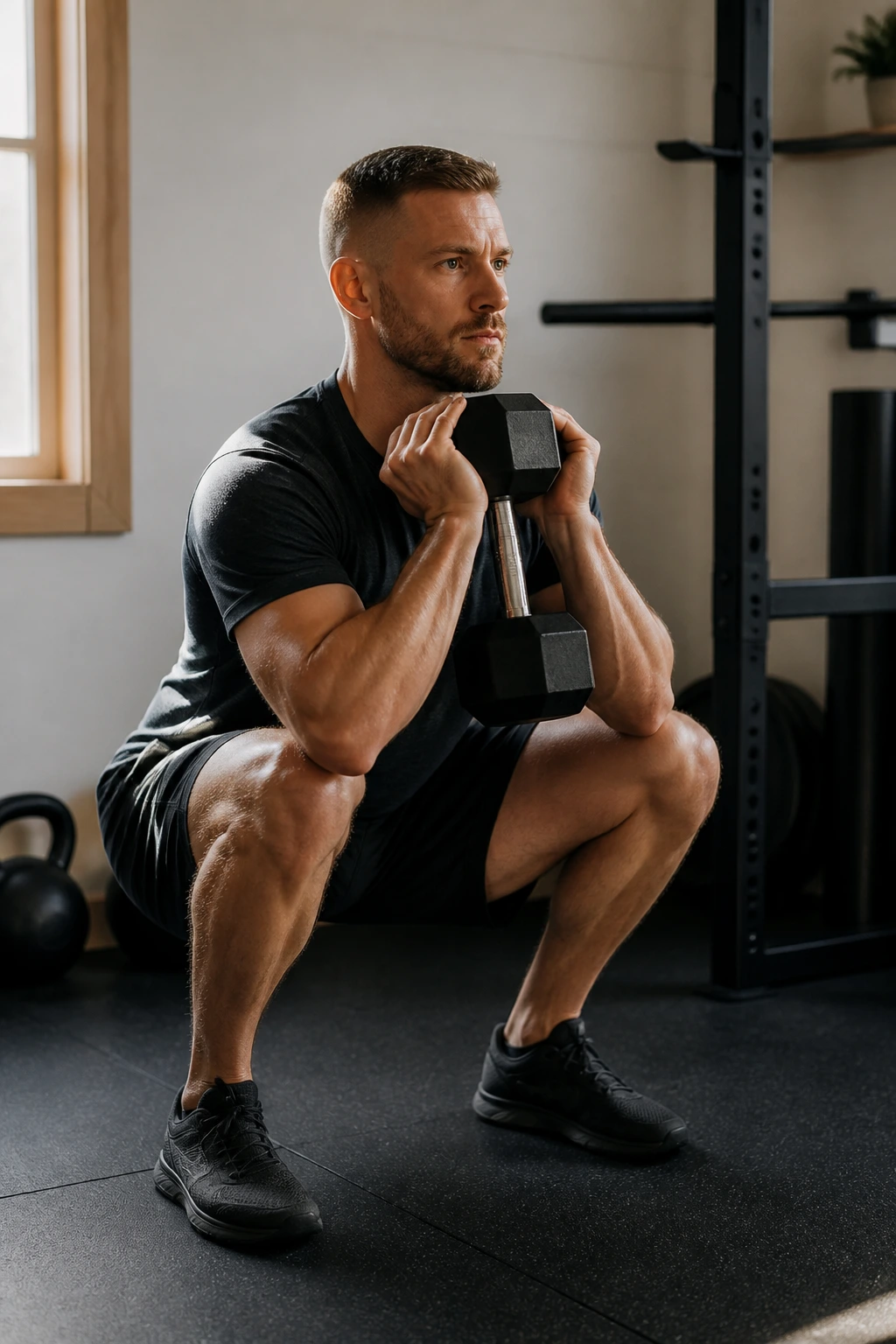 Close-up of a person performing goblet squats with a dumbbell in a compact home gym