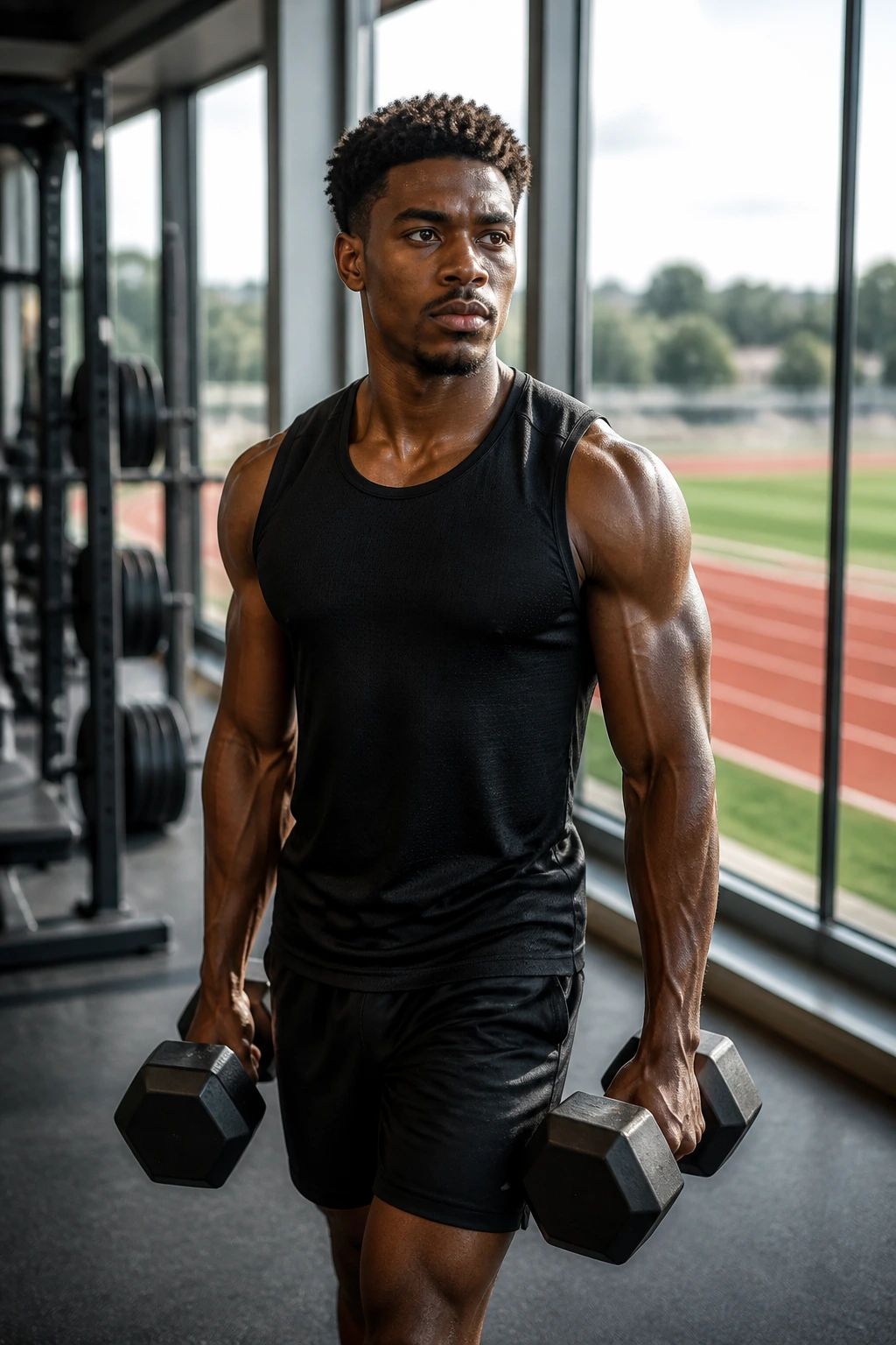 Athlete performing dumbbell farmer carry in gym with track outside to imply sprint elements