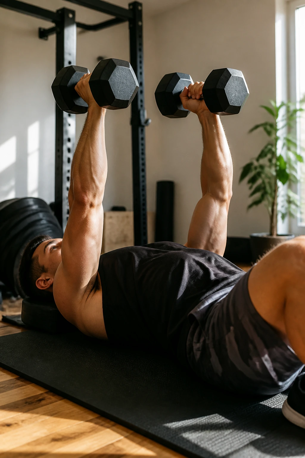Person doing a dumbbell floor press on a mat at home