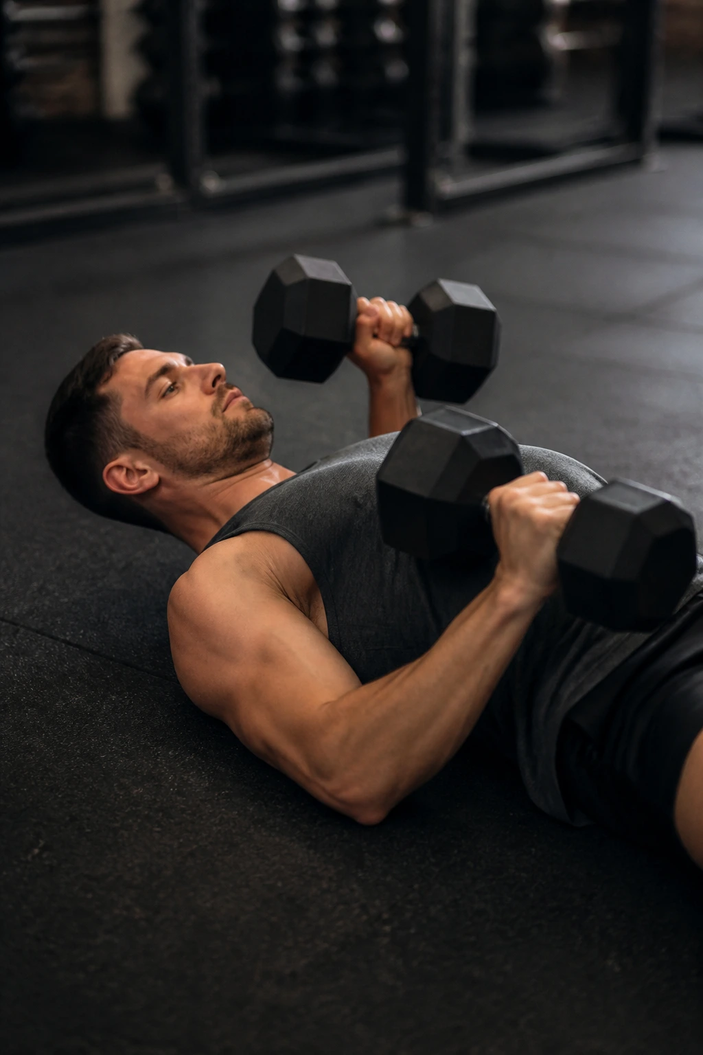 Close-up of a person performing a dumbbell floor press on a gym mat