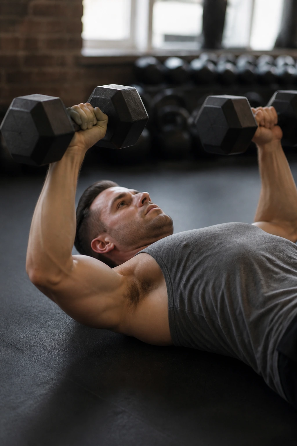 Close-up of a lifter performing a dumbbell floor press on the gym floor