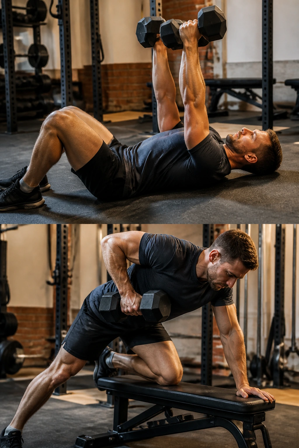 Athlete performing dumbbell floor press and one-arm row split in gym
