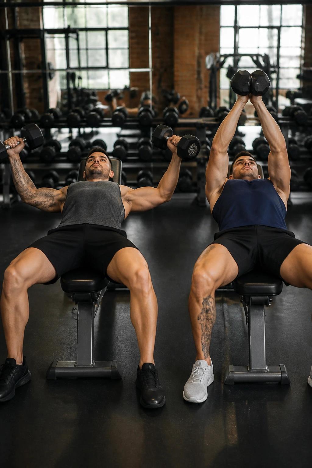 Athletes performing dumbbell fly and squeeze press in a gym, chest-focused superset