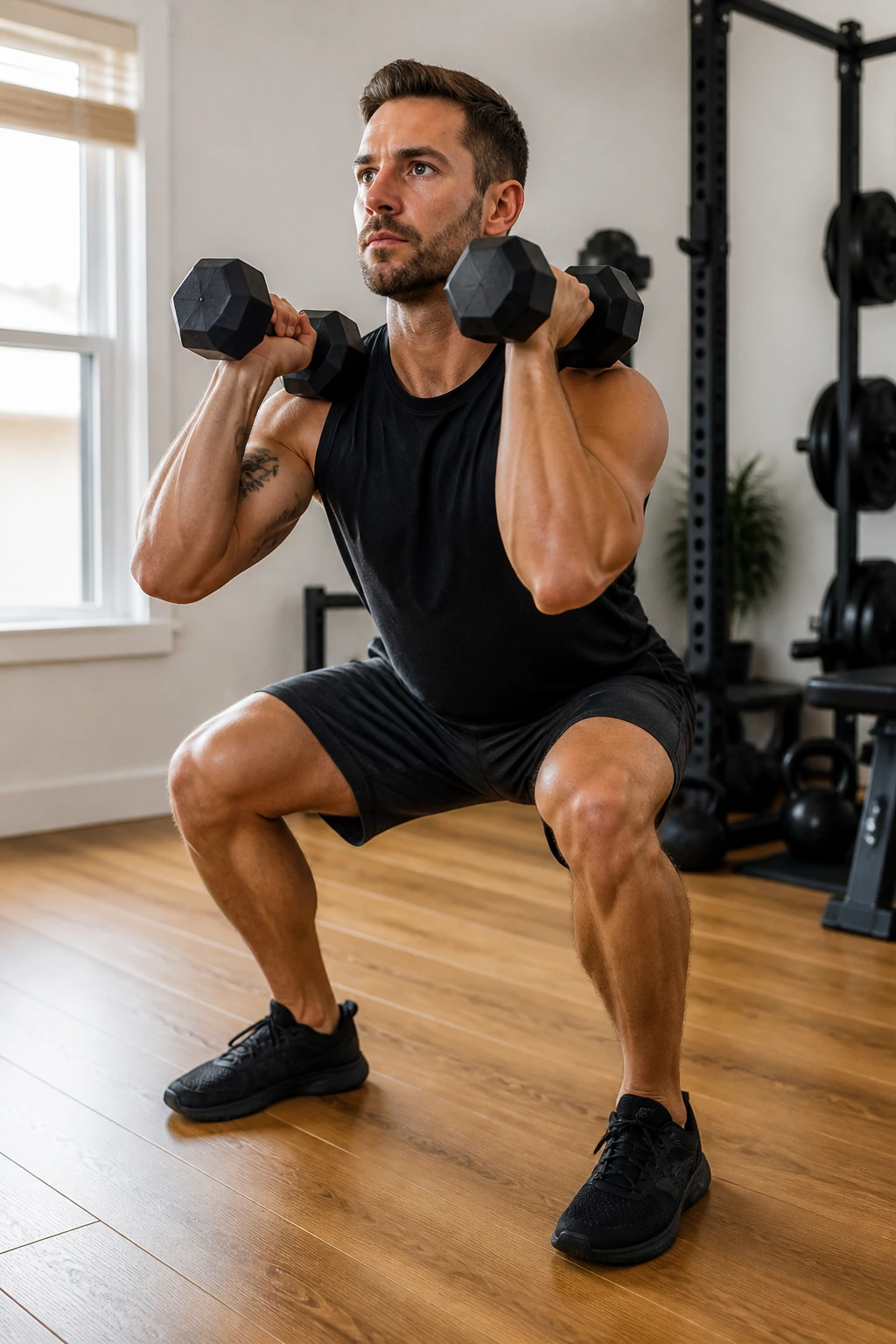 Real person doing dumbbell front squats in a home gym during AMRAP.