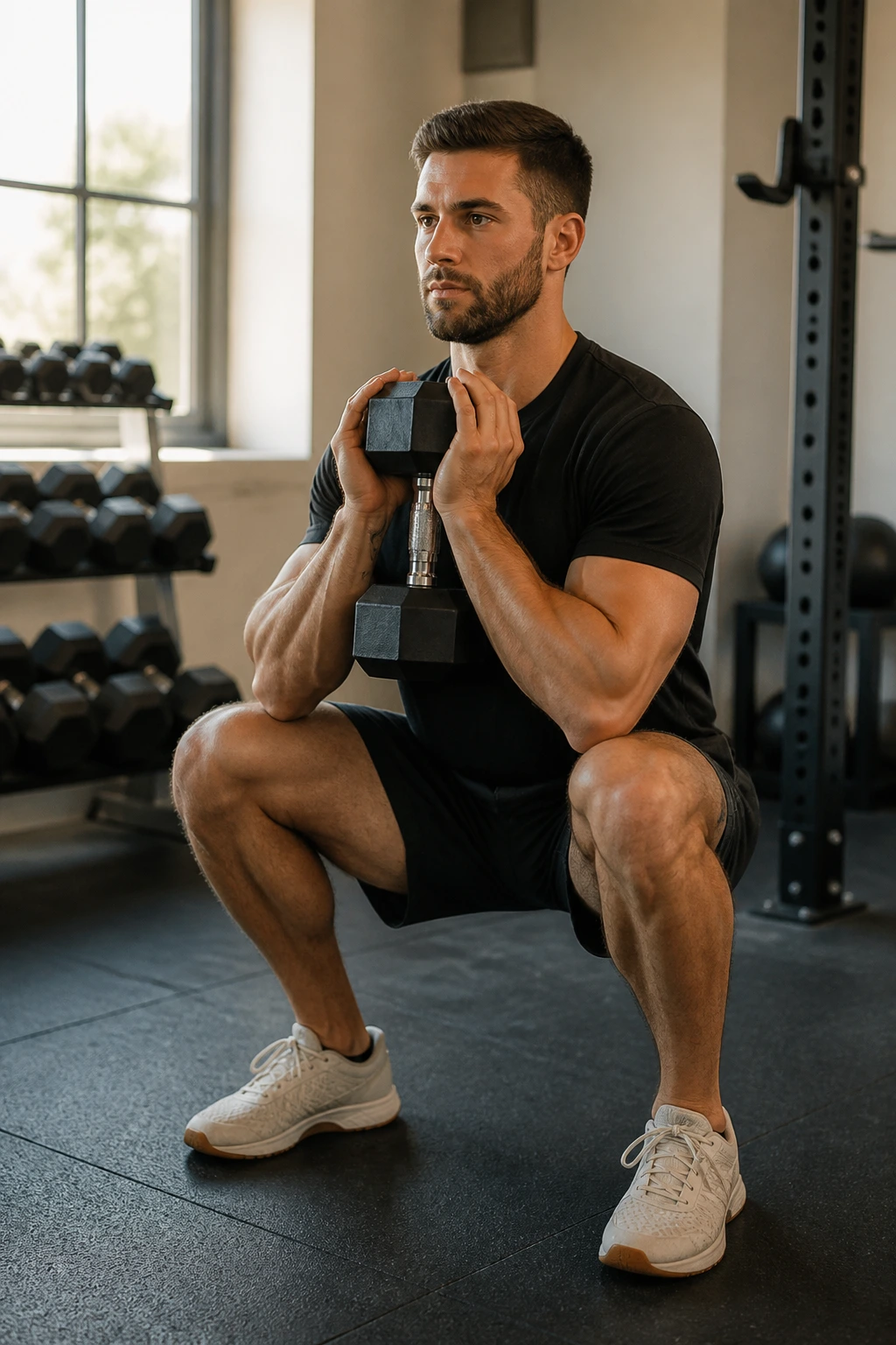 Medium close-up of a person goblet-squatting with a dumbbell in a small gym