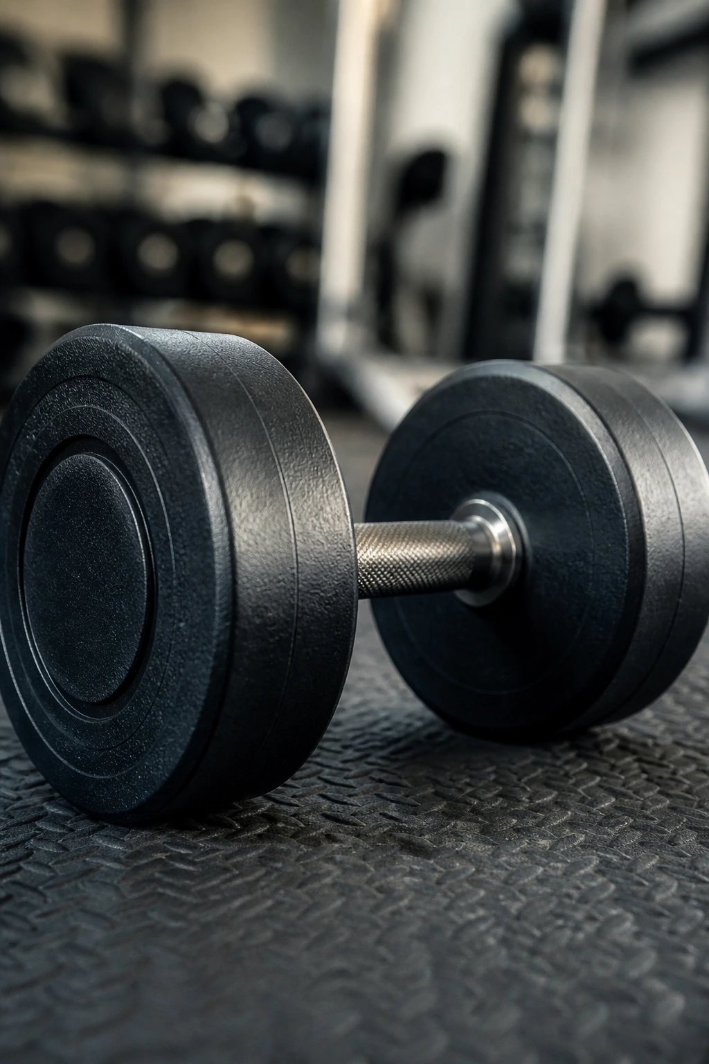 Close-up of a heavy dumbbell on a gym mat with textured grip