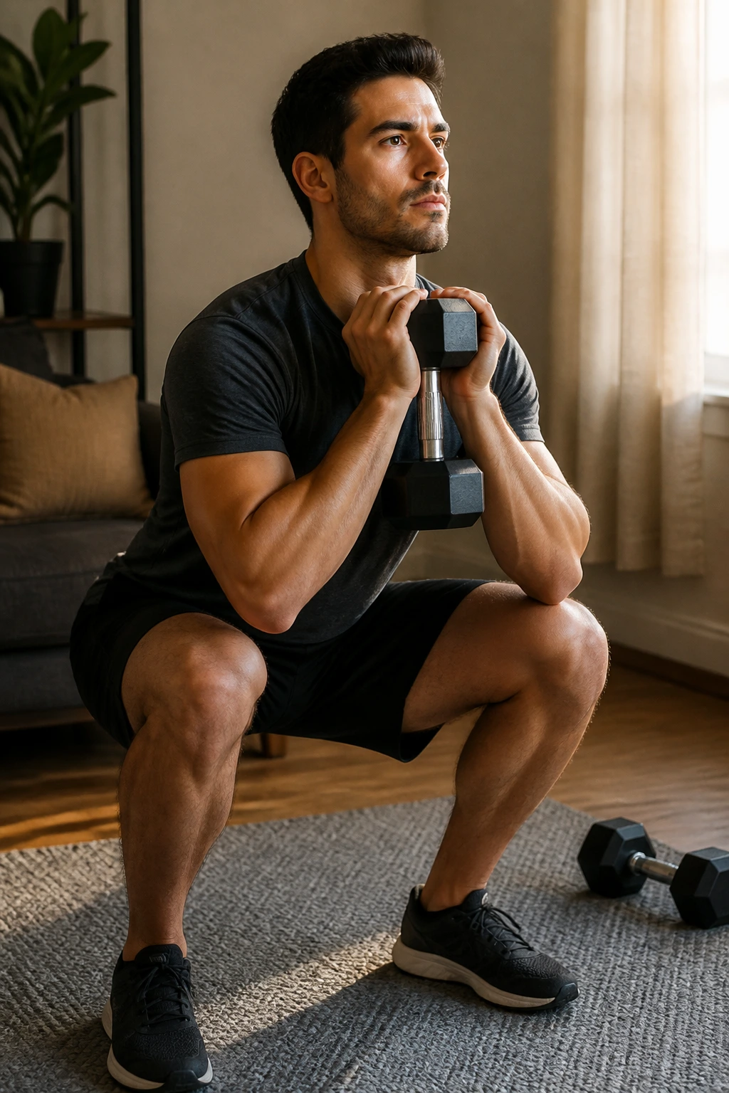 Medium close-up of a person performing a goblet squat at home