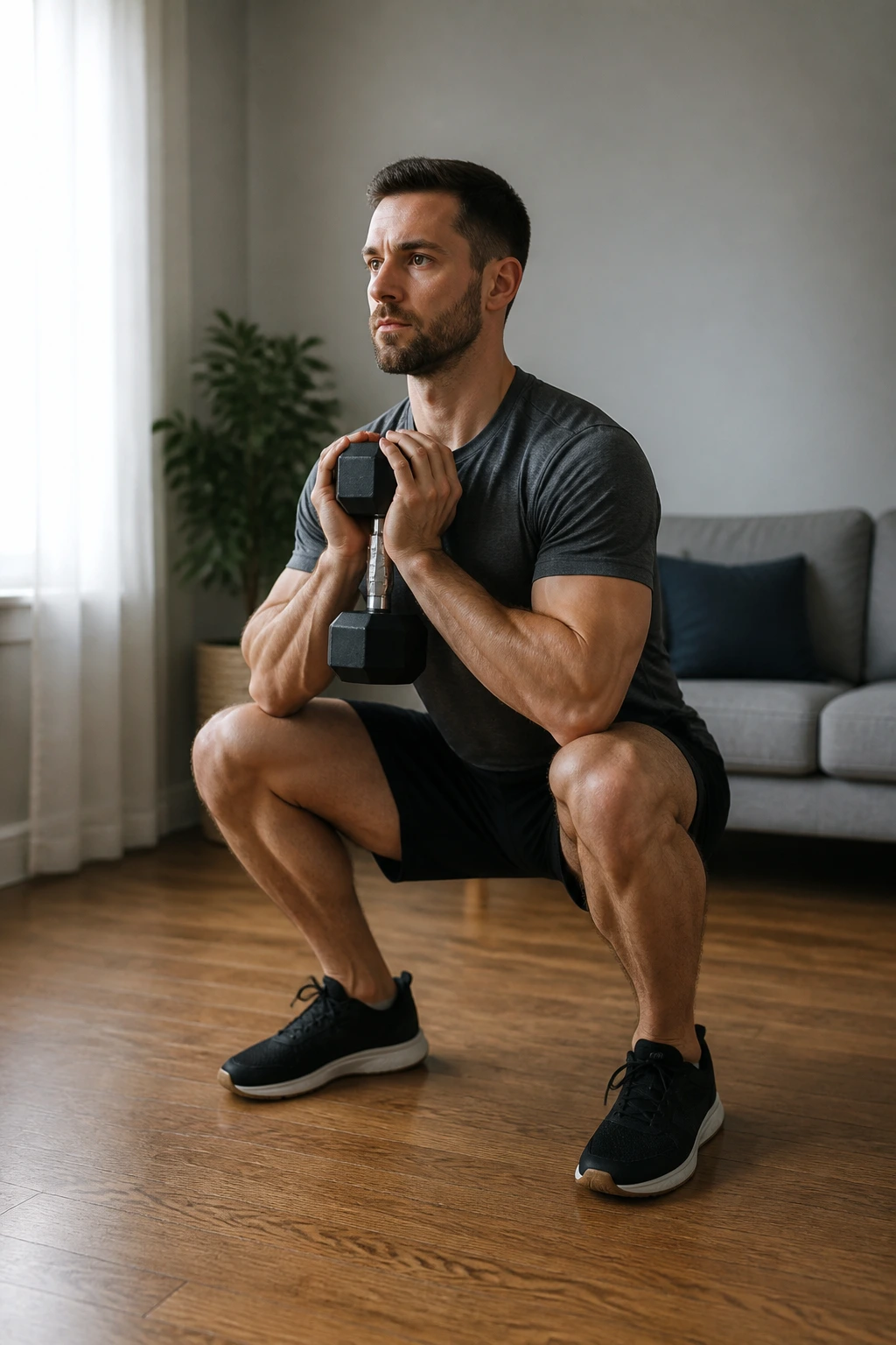 Person performing goblet squat with dumbbell at home