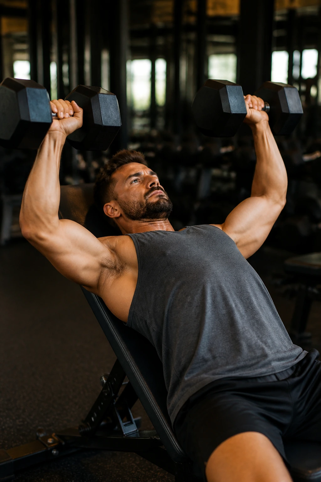 Person performing incline dumbbell press in gym