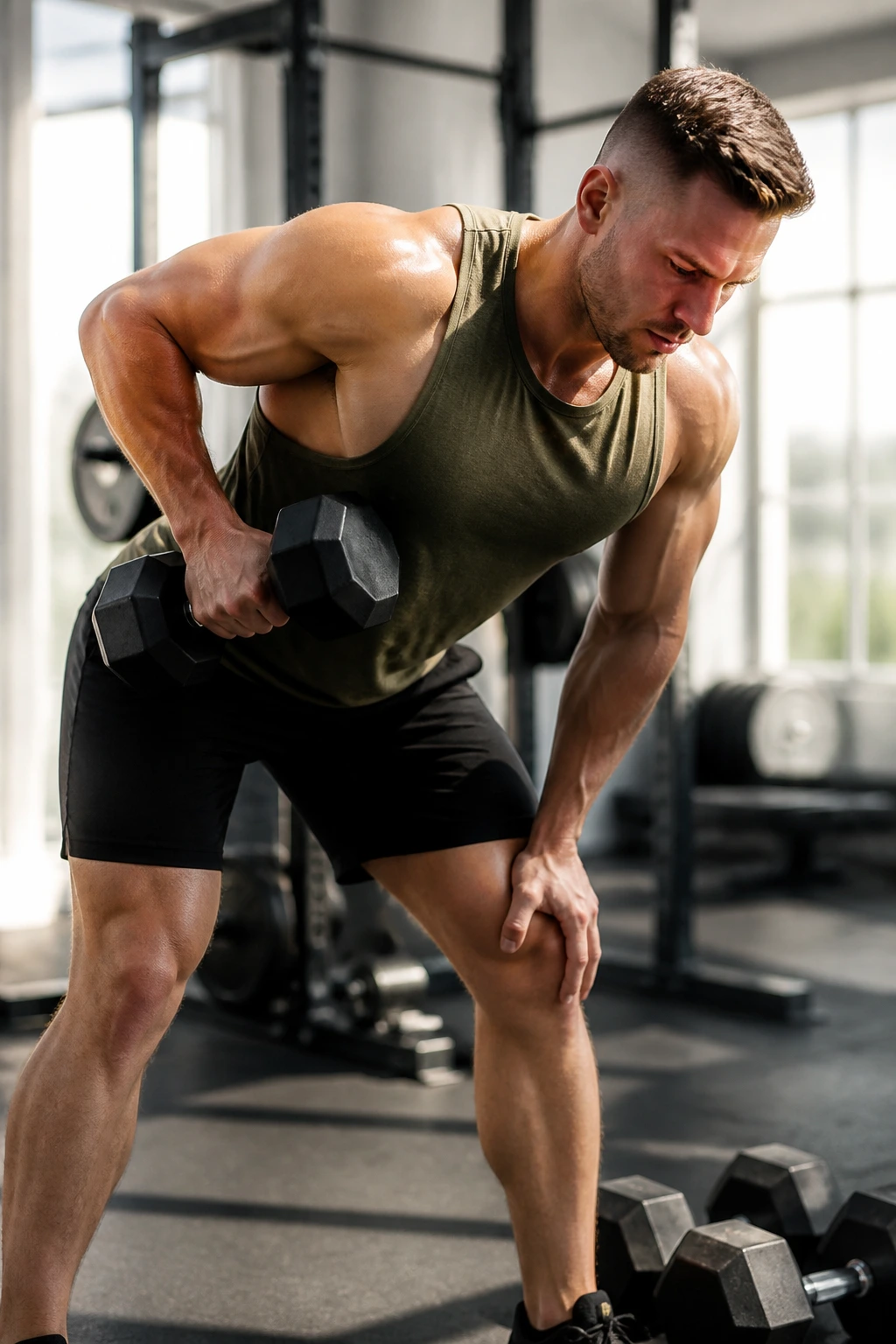 Medium close-up of a person performing a dumbbell ladder EMOM in a gym