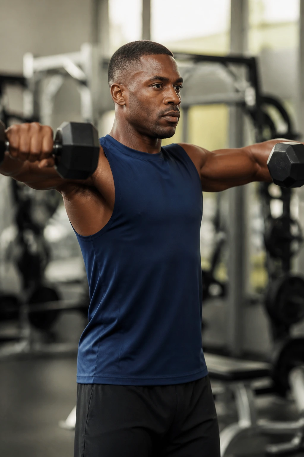 Close-up of a lifter performing a dumbbell lateral raise
