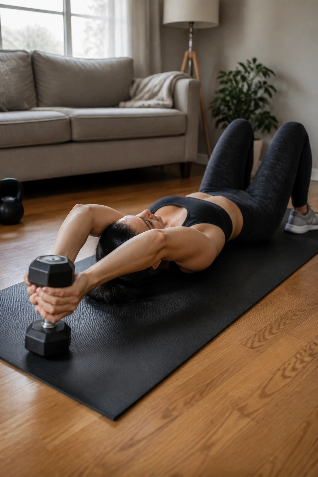 Person performing dumbbell pullover lying on bench
