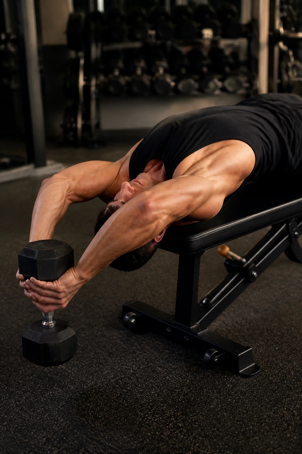 Close-up of a lifter performing a dumbbell pullover on a bench in a gym, upper body dominant