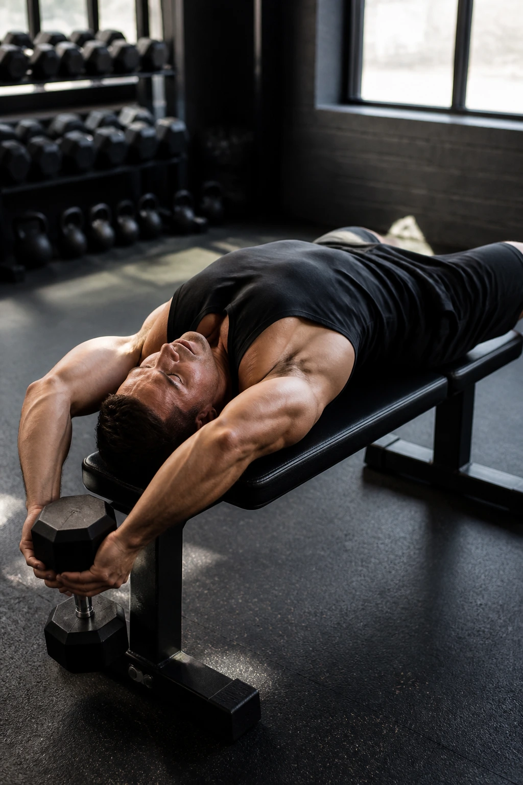 Person performing a dumbbell pullover on a bench
