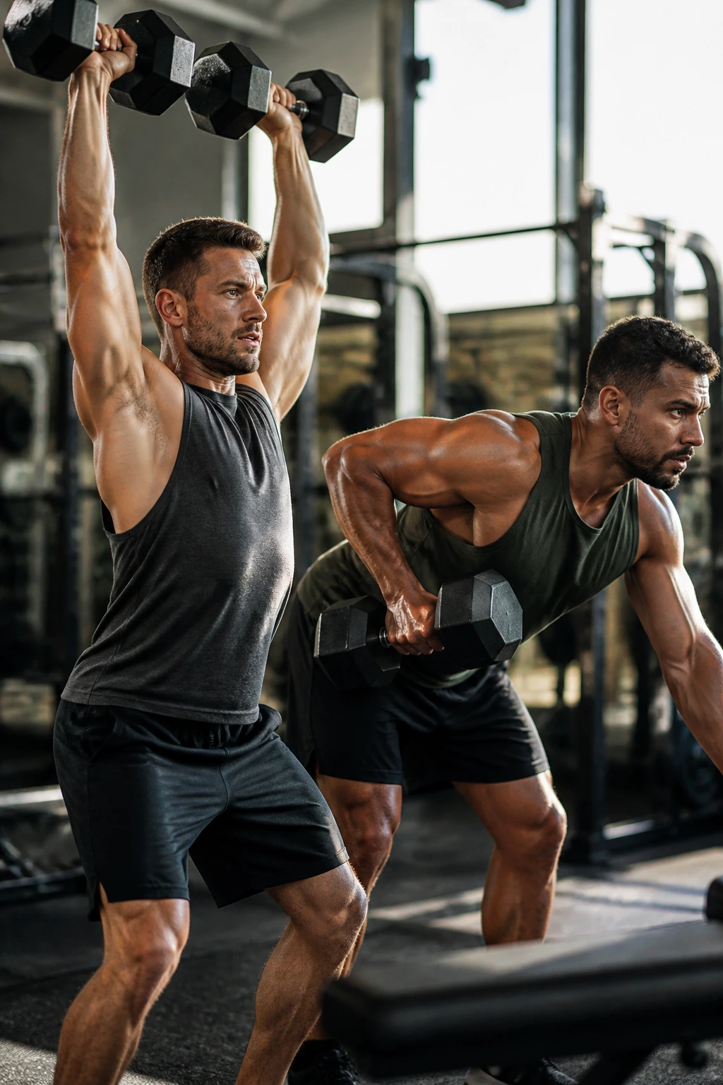 Close-up of two athletes performing dumbbell push press and bent-over row in a gym, showing shoulders and back muscles