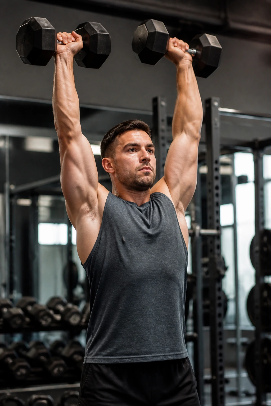 Medium close portrait of lifter performing dumbbell push press in gym